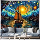Maccyafst Starry Night Tapestry Aesthetic Sailing Boat Tapestry Galaxy Stars Wall Tapestry Van Gogh Oil Painting Tapestry Fantasy Forest Lake Landscape Wall Hanging for Room