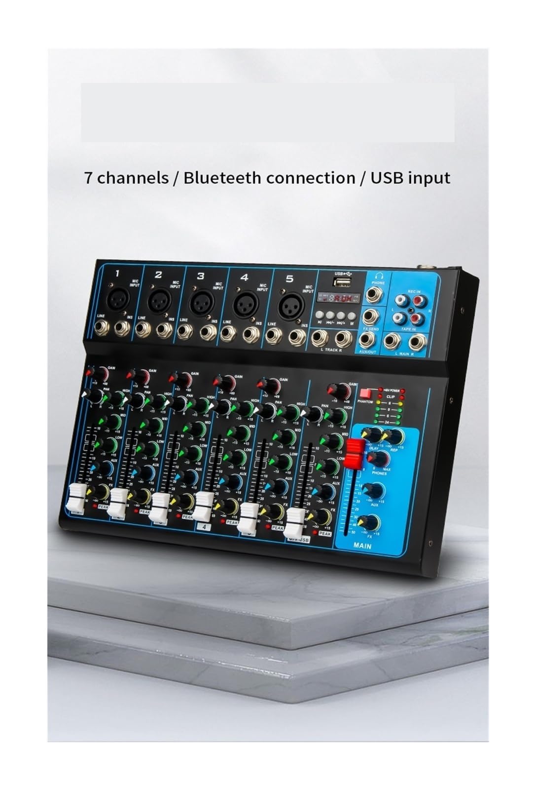Mixer audio, Mixer audio professionale da tavolo for palco, studio dal vivo, mini mixer, console di mixaggio USB, DJ, KTV, spettacolo, 7 canali