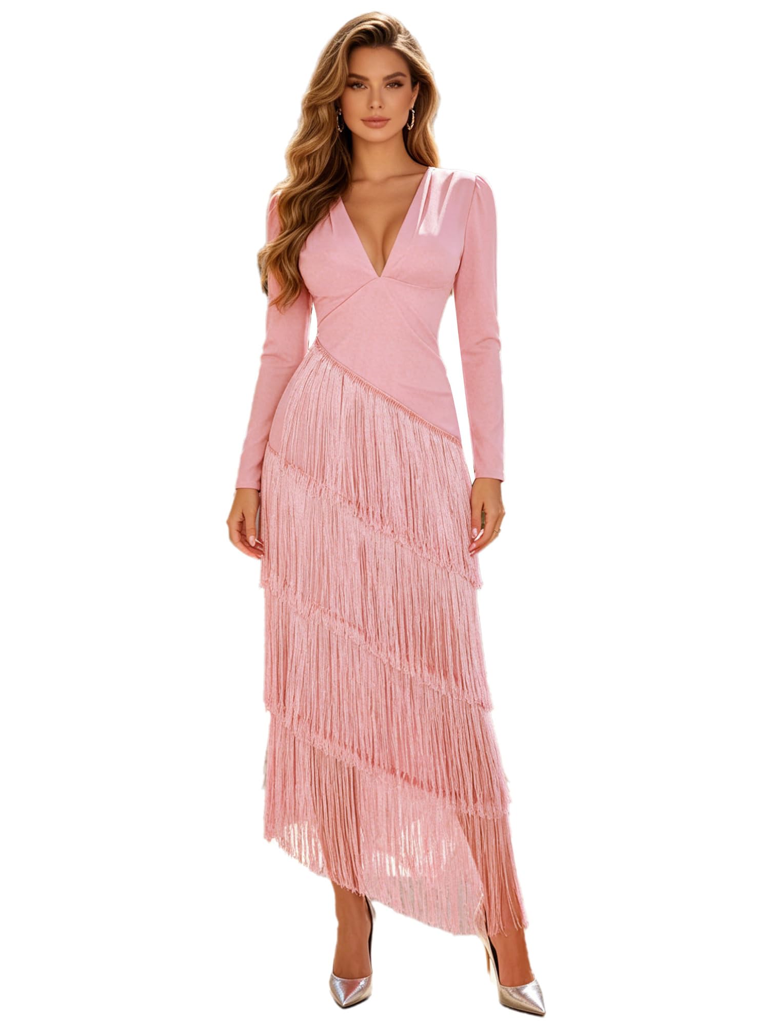 Robe soirée pour festes style bohème à manches longues et franges - 7