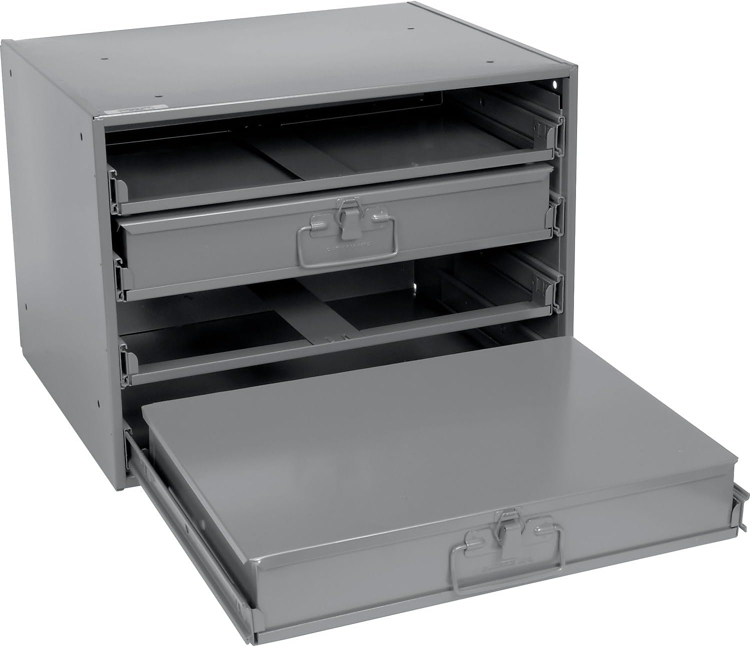 Global Industrial Durham Steel Compartment Box Rack with Four Adjustable Divider Compartment Boxes, 18" L x 12" W x 3" H Boxes, 20" L x 15-3/4"W x 15" H Overall