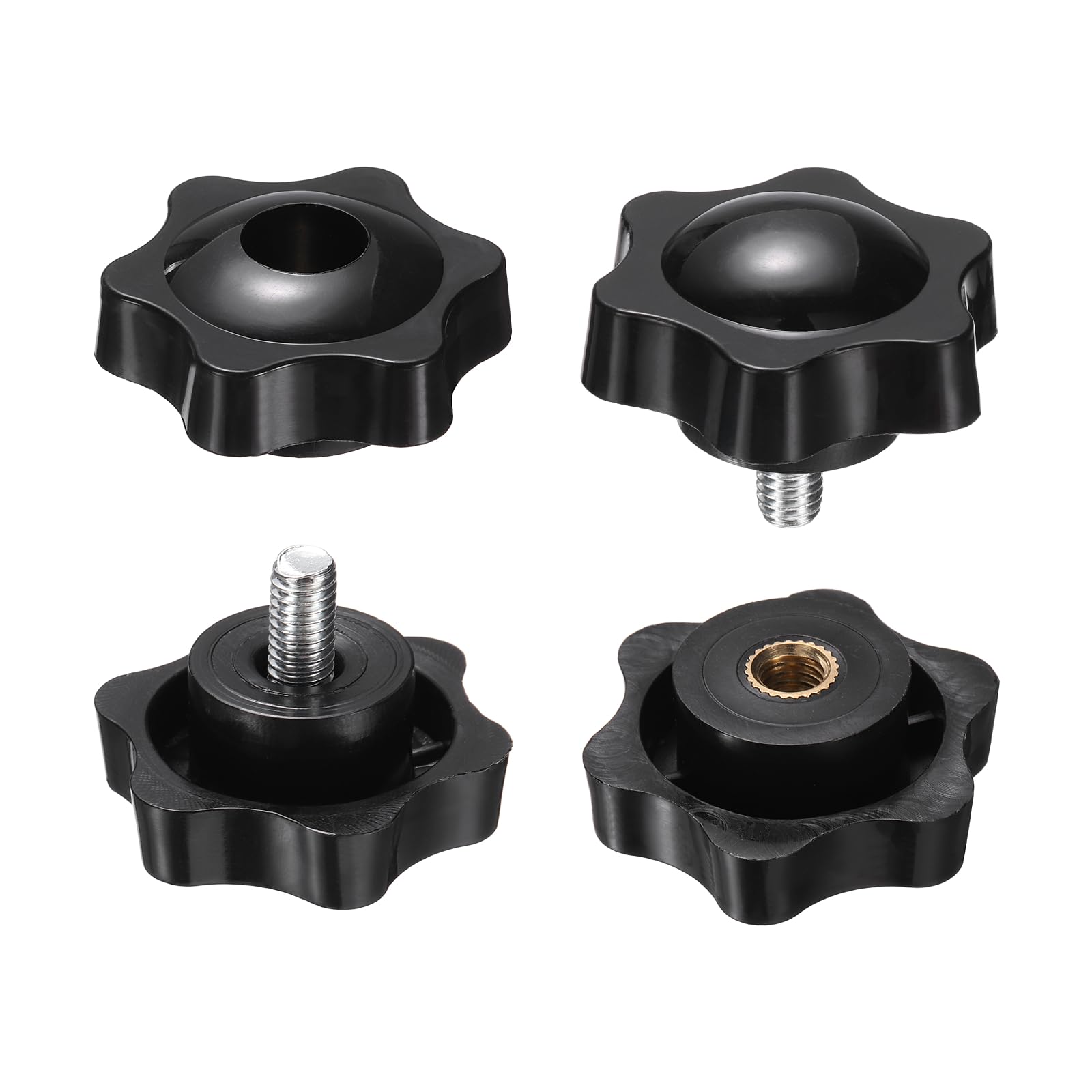 sourcing map 2 Set Star Knobs M6 x 10mm Male + M6 Female Thread 38mm Head Metric 6-Star Threaded Stud Clamping Handles Screw in Through Hole Hand Jig Knob Thumb Screws, Black