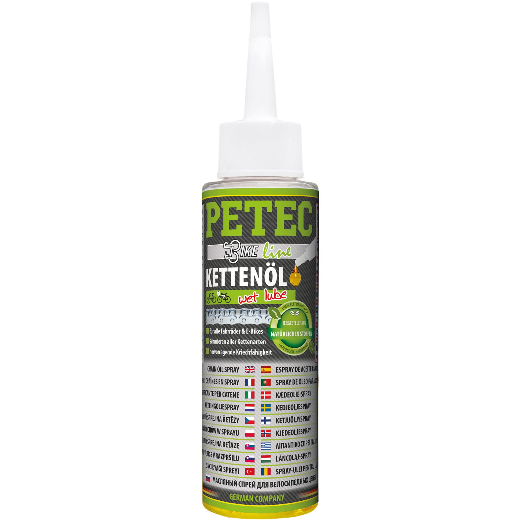 PETEC Huile pour chaîne de vélo électrique - Huile mouillée - 100 ml - Flacon compte-gouttes pour chaîne de vélo - Entretien de la chaîne + lubrification pour vélo électrique, vélos, transmission et