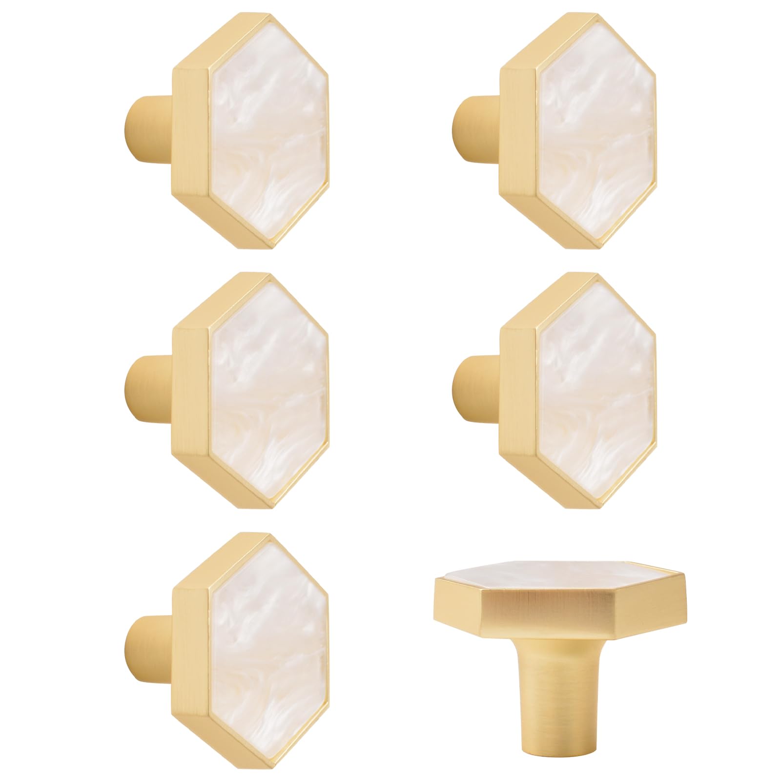 Morobor White Hexagon 6 Pcs Hexagonal Gold Knobs, Creative Cabinet Drawer Pulls Multifunctional Single Hole Zinc Alloy Knobs For Dresser Wardrobe Door Furniture Accessories/Gold Base With White Surface