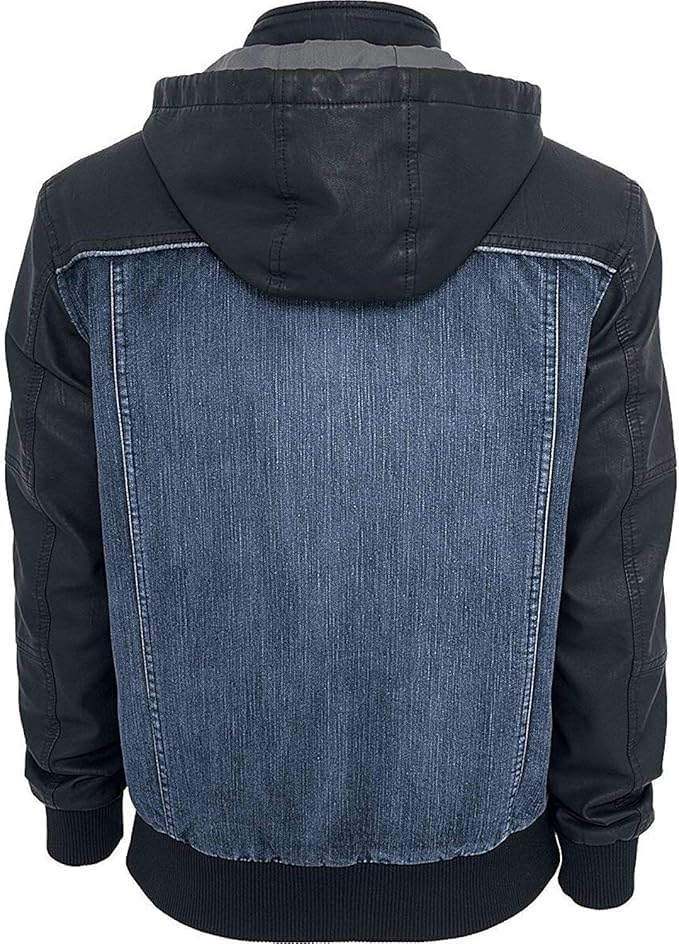 Classic Blue Bomber Hoodie Denim Jacket with Leather/PU Sleeves for Men2
