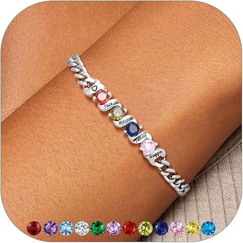 Custom4U Personalized Birthstone Bracelets for Women Silver/Gold Custom Cuban Link Chain Name Bracelet with 1-5 Birthstones Birthday Mother's Day Christmas Jewelry Gifts for Her Mom Wife Grandma
