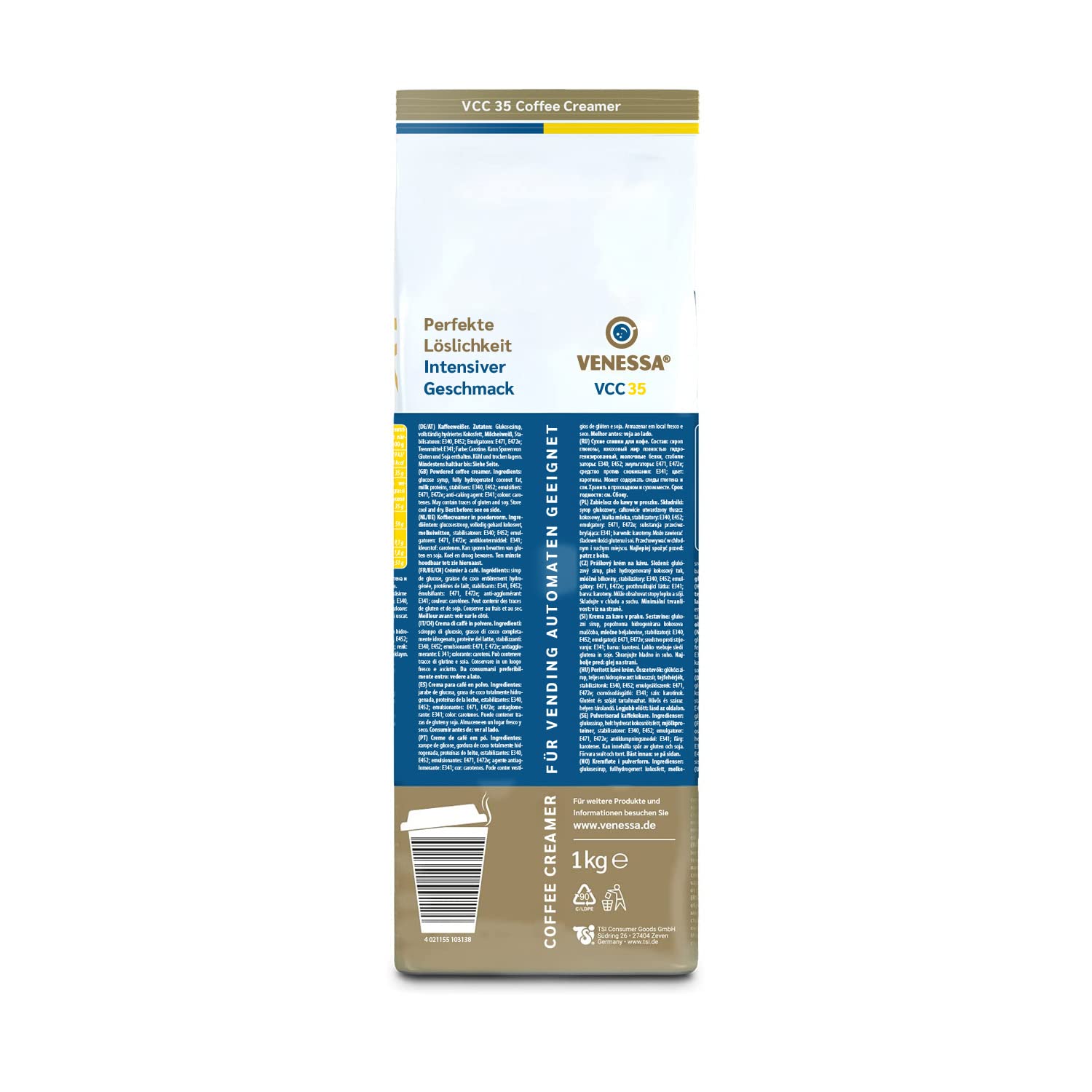 Venessa Coffee Creamer VCC35 - 10 x 1kg Kaffeeweißer, hochwertiger Kaffeeweißer für Vending Automaten, hohe Weißkraft, leicht löslich, Aromaschutzbeutel