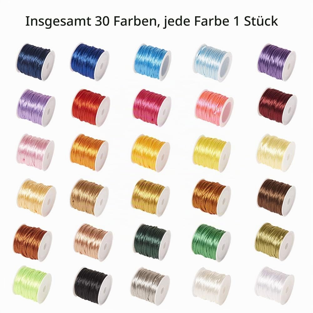 PH PandaHall Kumihimo Nylonschnur, 30 Farben, 2 mm, Nylonschnur, Satinband, für Herstellung von Knoten, Armband, Halskette, Perlen, Kumihimo, 10 m