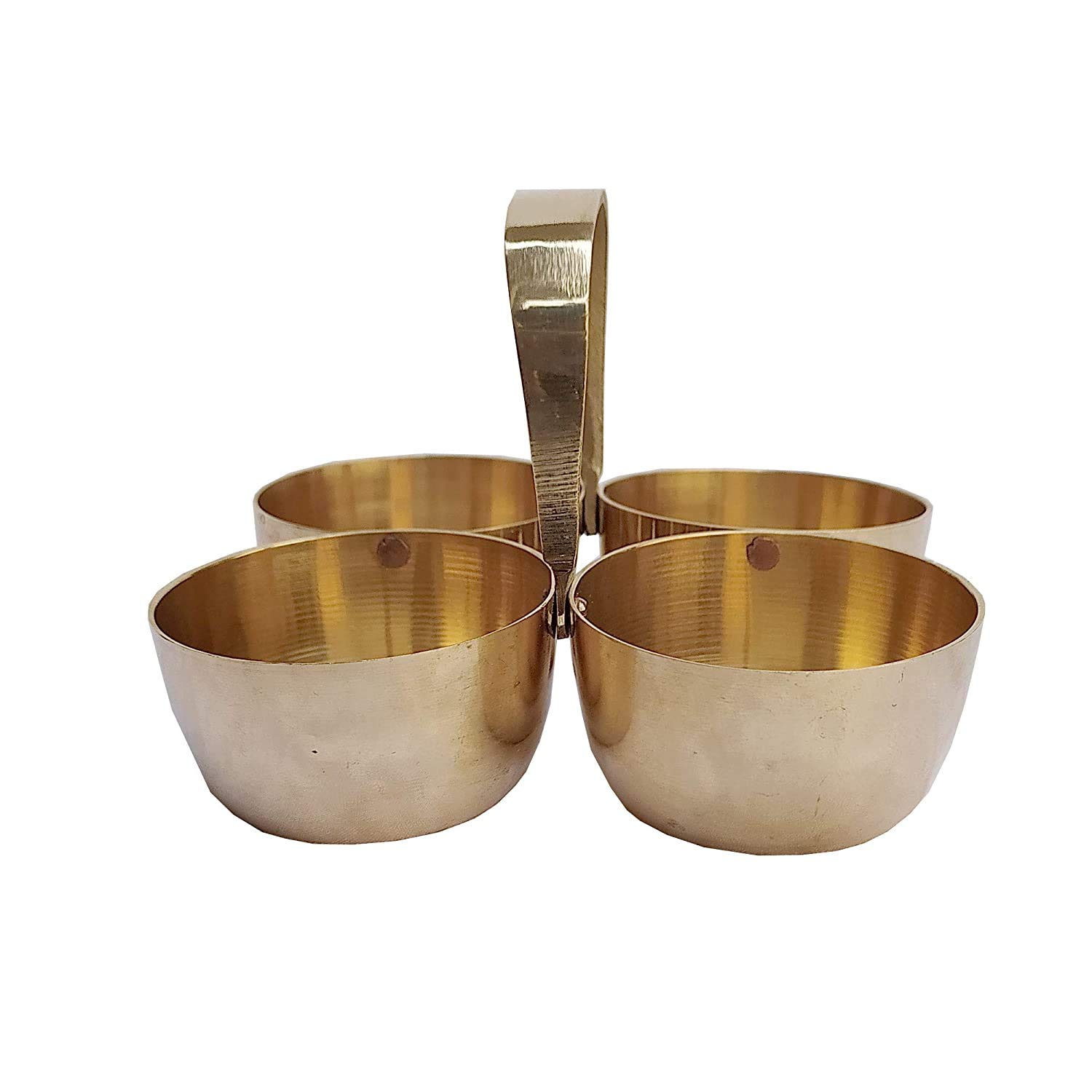 Denique Brass Puja Roli Chawal, Elaichi, Mishri 4 Bowl Stand/Brass Chowmukh Haldi Kumkum Holder Chowmukh 4 Bowl Holder Patra for home Temple,9 x 9 x 6 Centimeters(Medium) 4