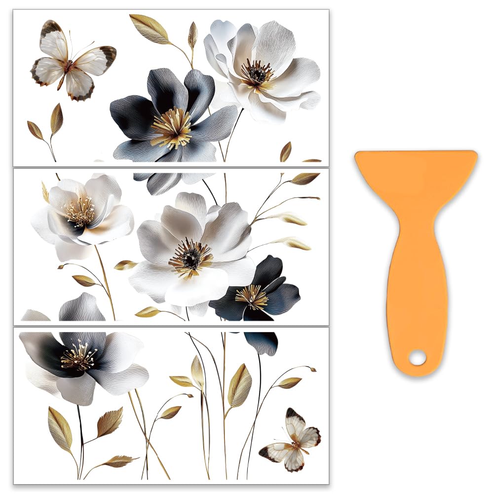 OLYCRAFT 3Pcs/Set 3D Flowers Rub on Transfers for Furniture and Crafts 12x6 Inch Butterflies Furniture Decals Decor Gold Leaves Transfer Stickers with