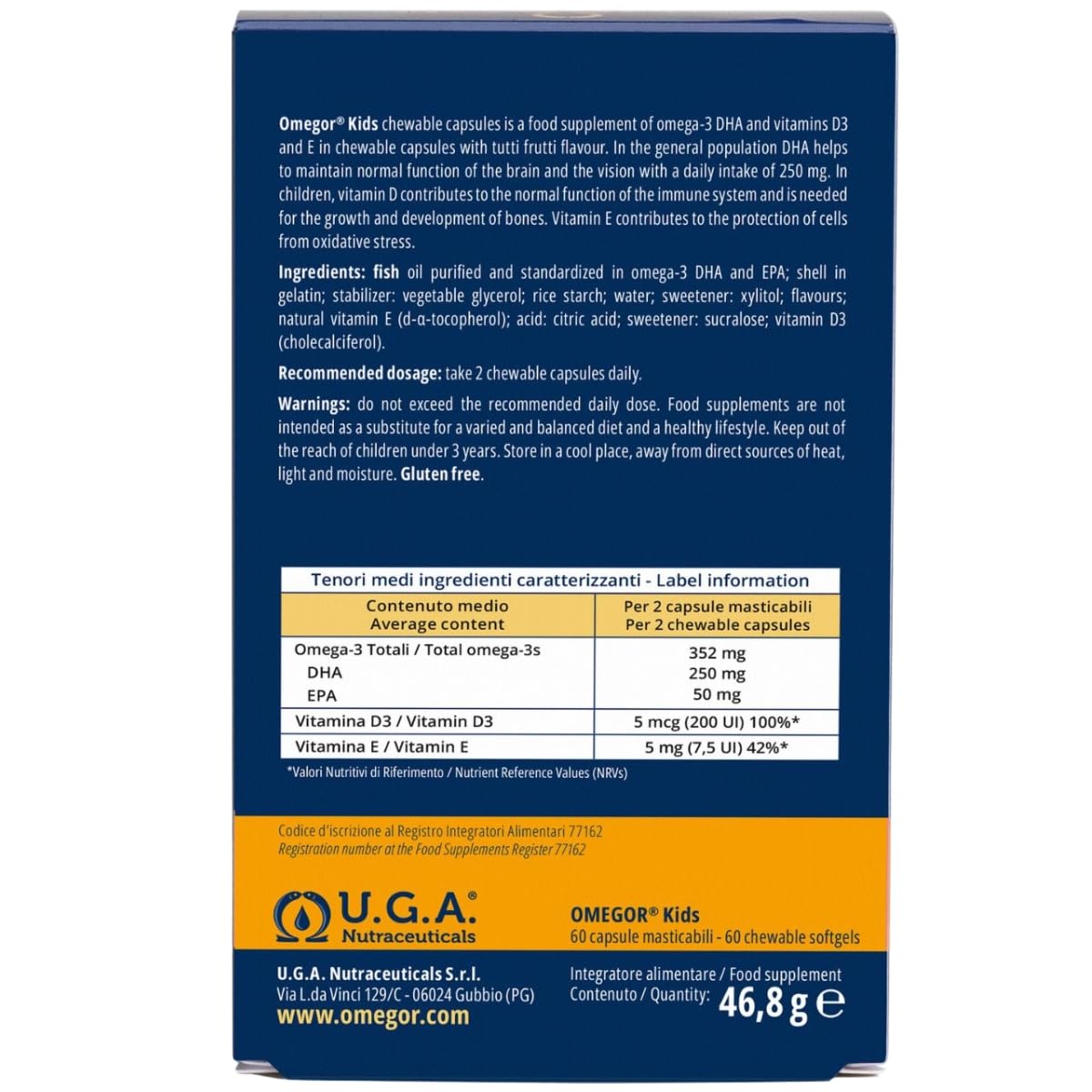 Gélules Omegor Kids | 250 mg d'oméga-3 DHA pour les enfants | Gélules molles exquises à croquer, créées à partir de gélatine de poisson | Goût sucré - Saveur délicate multifruits, 60 gélules