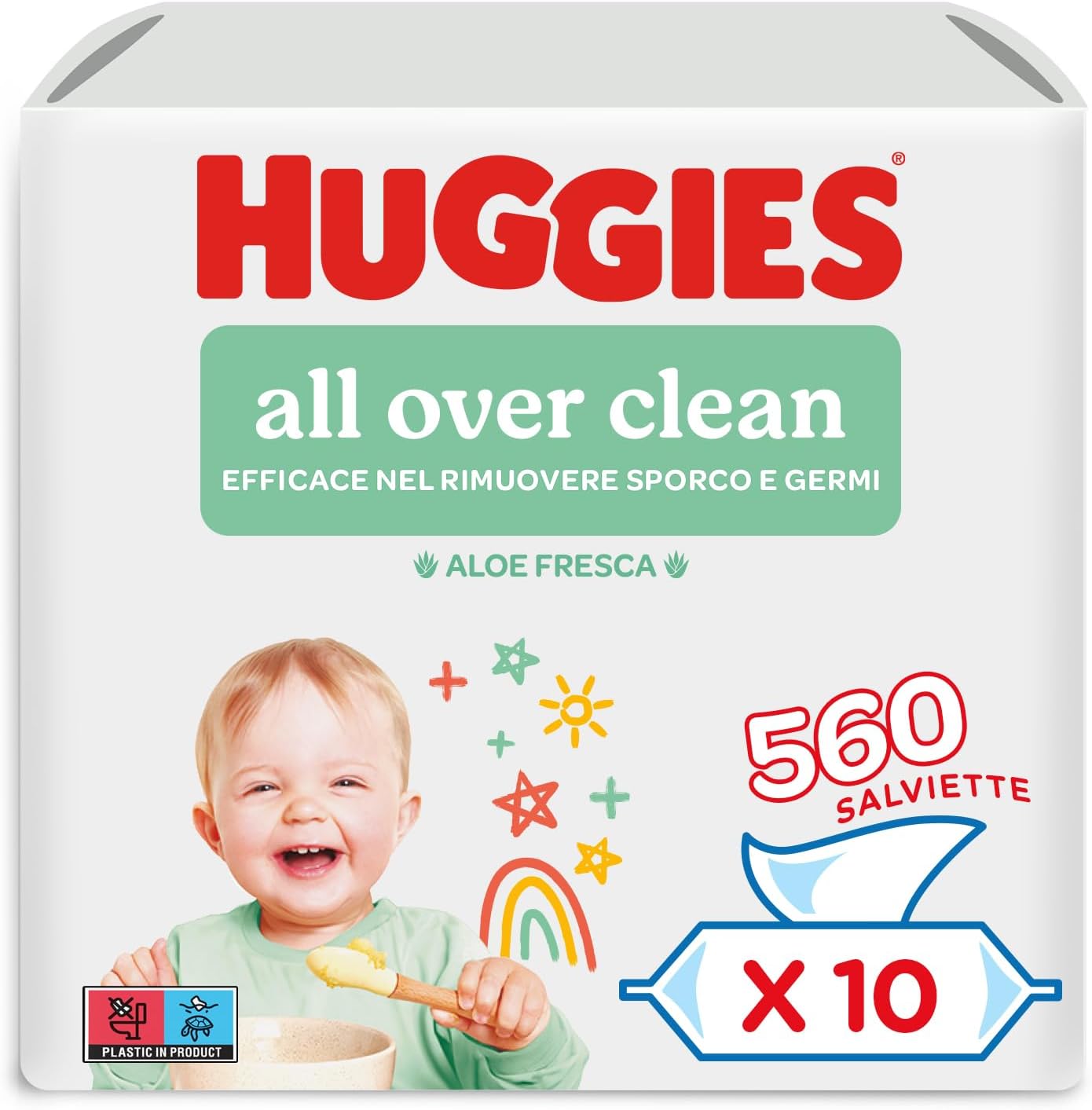 Huggies All Over Clean Salviette Umidificate per Bambini, 560 Salviette, Con Aloe Vera e 99% di Acqua pura, (10 pacchi x 56 pz)