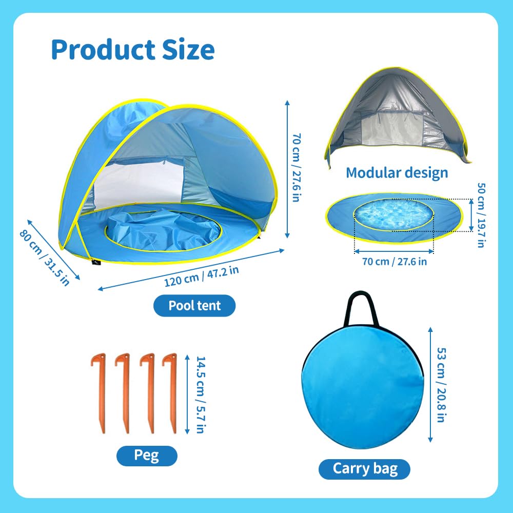 Tenda da Spiaggia Bambini, Tenda Spiaggia con Protezione UV 50, Parasole da Spiaggia con Mini-Piscina, Borsa per il Trasporto e Picchetti, Finestra con Cerniera