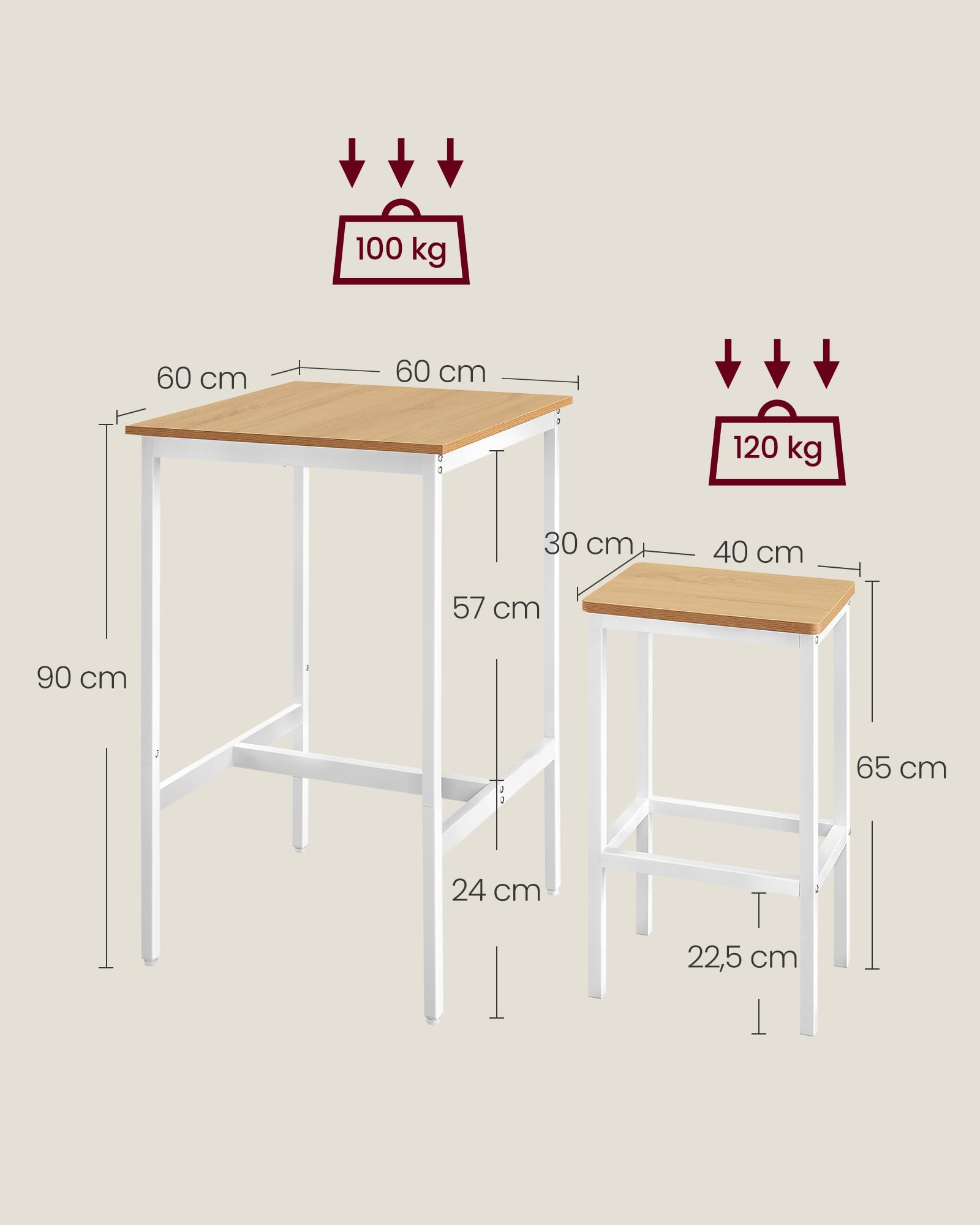 VASAGLE Tavolo da Bar con Sgabelli, Tavolo da Pranzo con 2 Sgabelli, Tavolo Cucina 60 x 60 x 90 cm, Sgabello di 30 x 40 x 65 cm, Sala da Pranzo, Rovere Dorato e Bianco Nuvola LBT017W09
