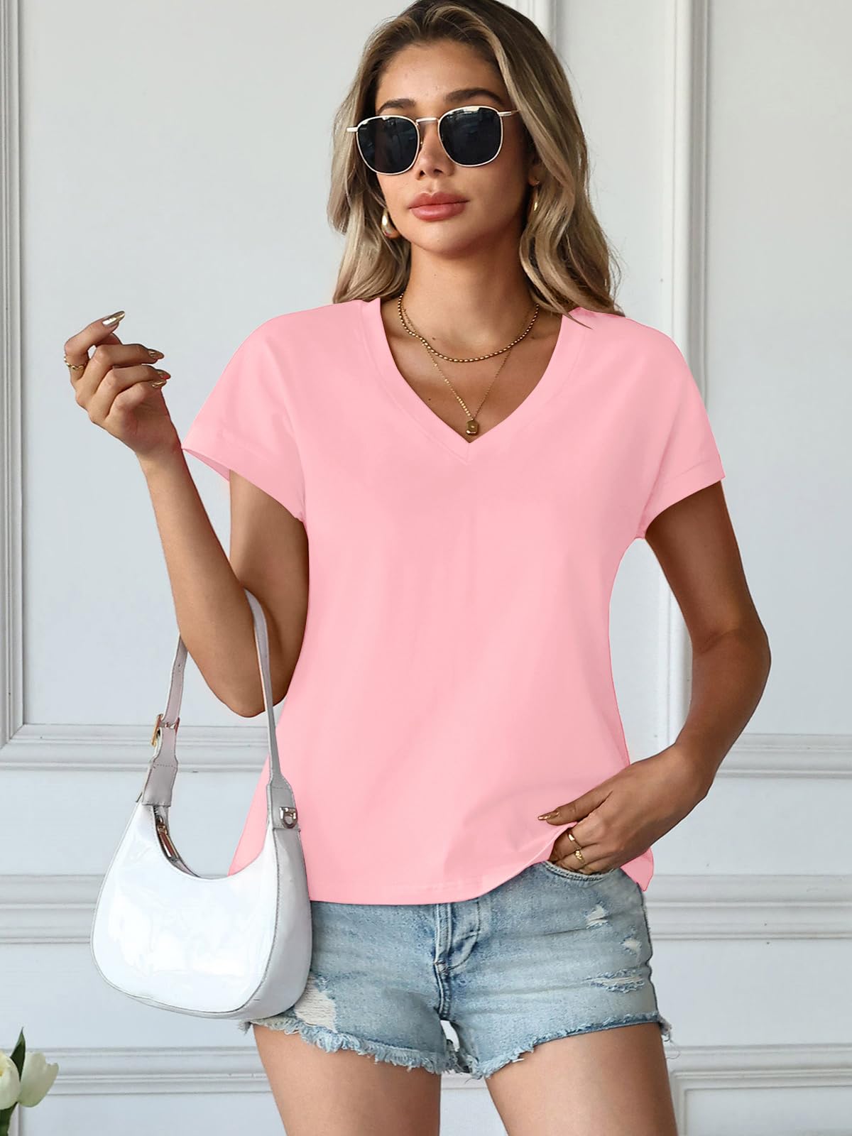 HOTIAN Maglietta da donna estiva, scollo a V, a maniche corte, casual, basic, elegante, con maniche ad aletta