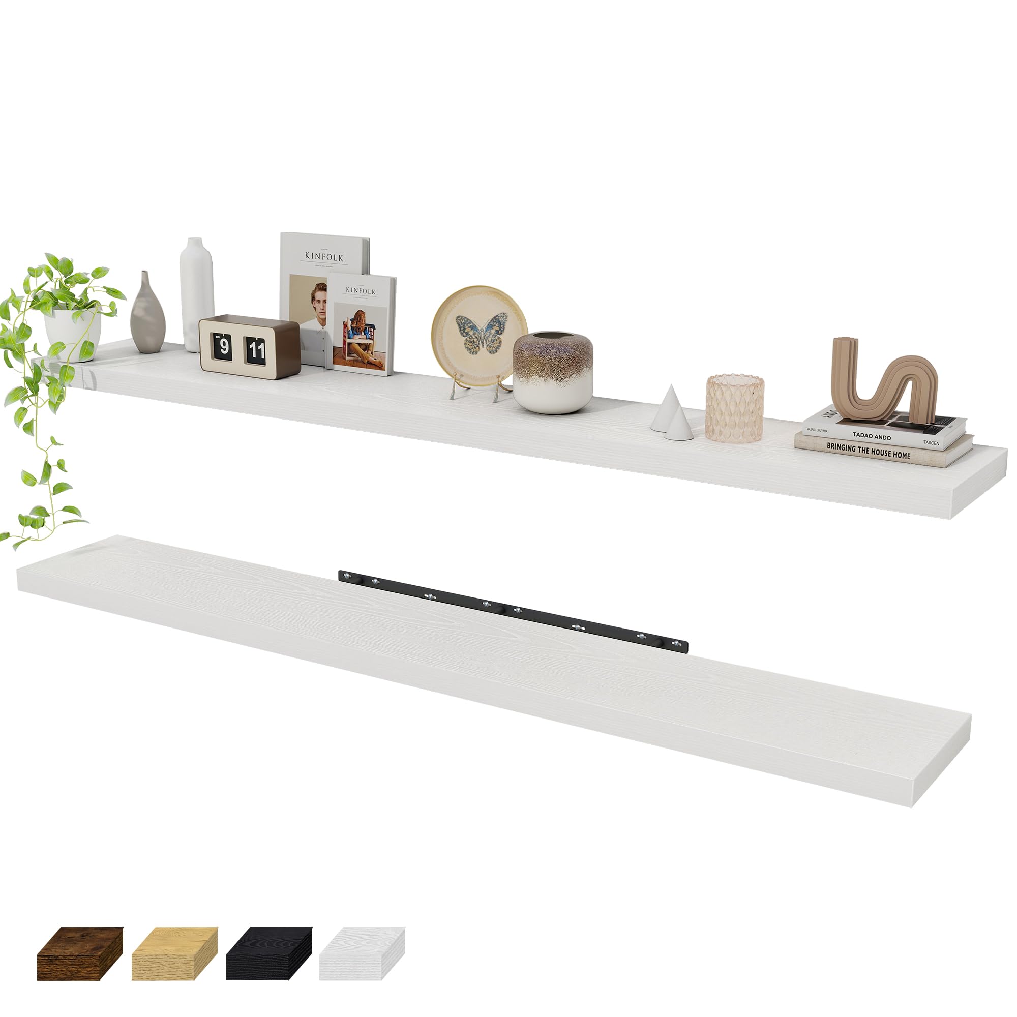 Fun Memories 72 Inch Floating Shelves for Wall 2 Pack Shelves for Bedroom|Kitchen|Bathroom 72 x 9.3 Inch Wood Floating Shelf with Invisible Brackets for Books|Storage|Decor, White