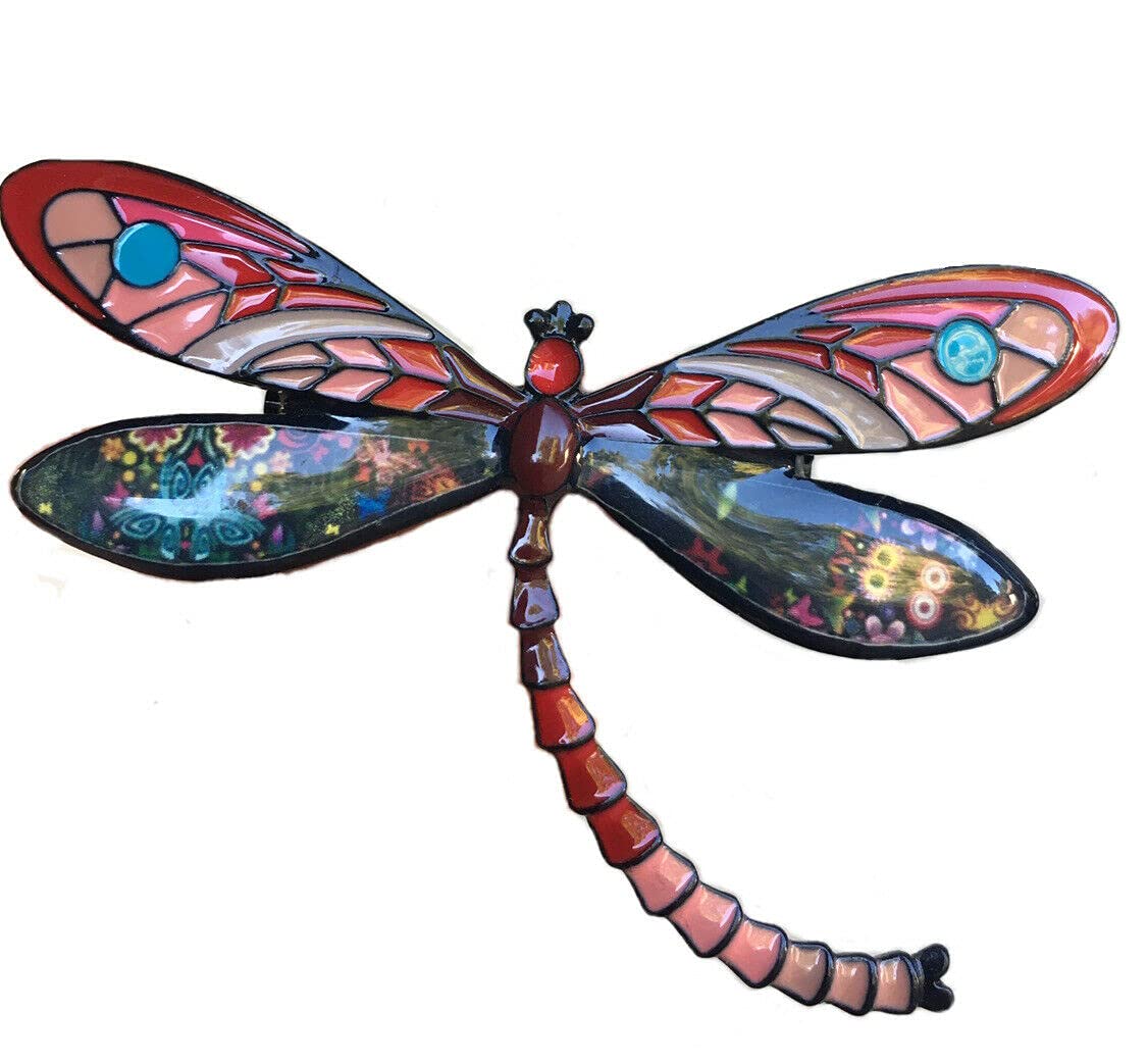 GenericRed Enamel Dragonfly Pin Brooch, Figural Jewelry, Artistic, Elegant Bug with a Colorful Wing Pattern, Insect, Two Inches Tall, Gift Idea