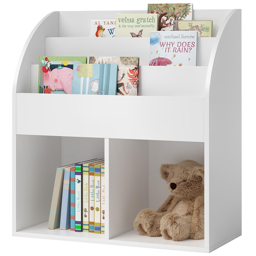 Bellabino Koro Montessori Bücherregal, Weiß, 3 Fächer, 2 Ablagefächer, Holz | Regal fürs Kinderzimmer 79x34x72 cm, Montessori Kinderregal, Spielzeugregal zur Aufbewahrung, Spielregal, Bücheraufbewahrung