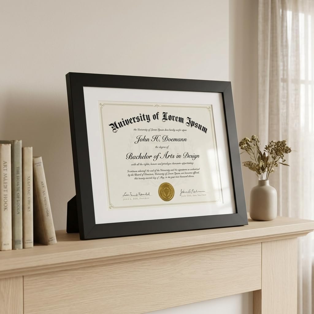 Diploma Frame with Mat, Shatter Resistant Glass Black Wall