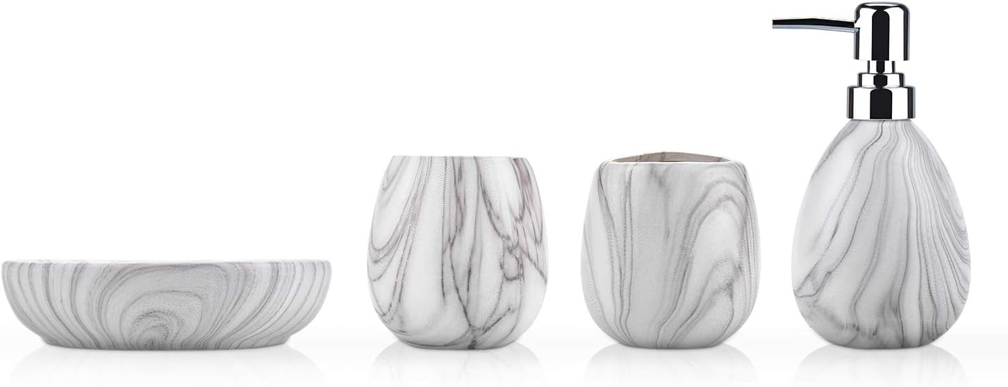 Ceramic Marble Bathroom Accessories Set - Oval Elegant Unique Texture Bathroom Accessory Sets Including Soap Dish Toothbrush Holder Tumbler Lotion Dispenser, The Beautiful Gift for Girl Friends