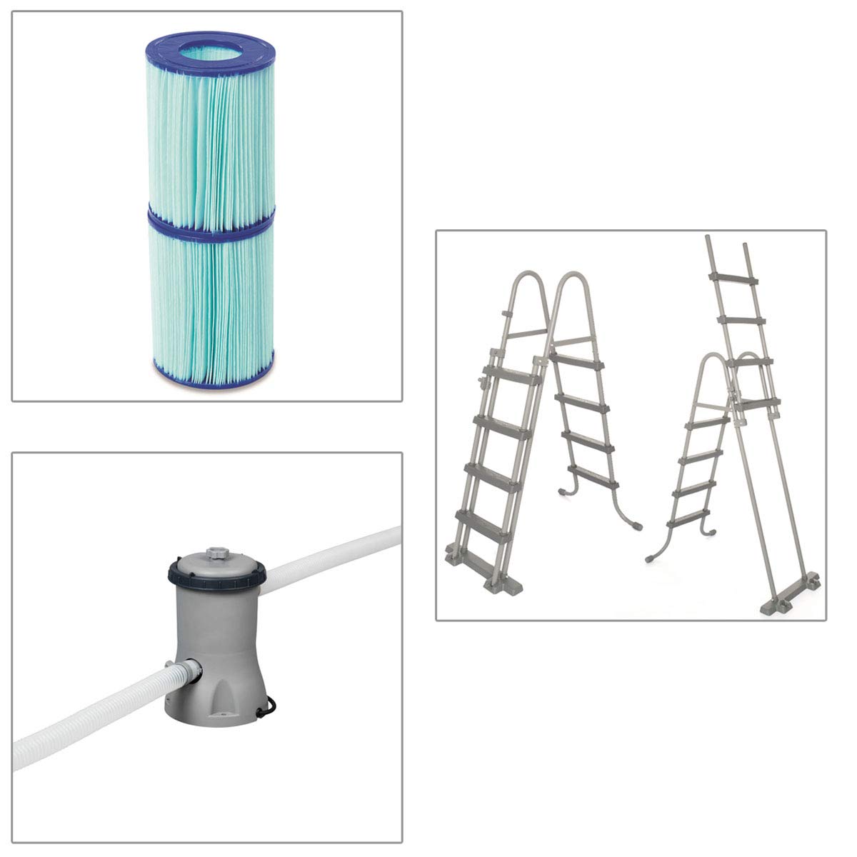 Bestway Power Steel Frame - Set per Piscina Quadrata, con Pompa Filtro a Cartuccia e Scala, 412 x 201 x 122 cm, Colore: Grigio