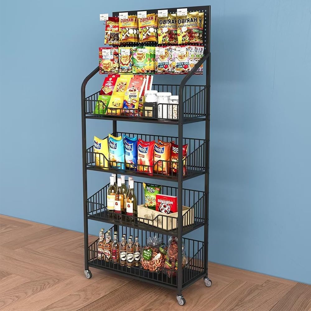Product image of Retail Snack Display Stand, 4-Tier Retail Display Shelves, Candy Display Shelf Cart with Wheels & Hooks, Metal Snack Rack Organizer for Pantry, Kitchen, Supermarket, Store, Home