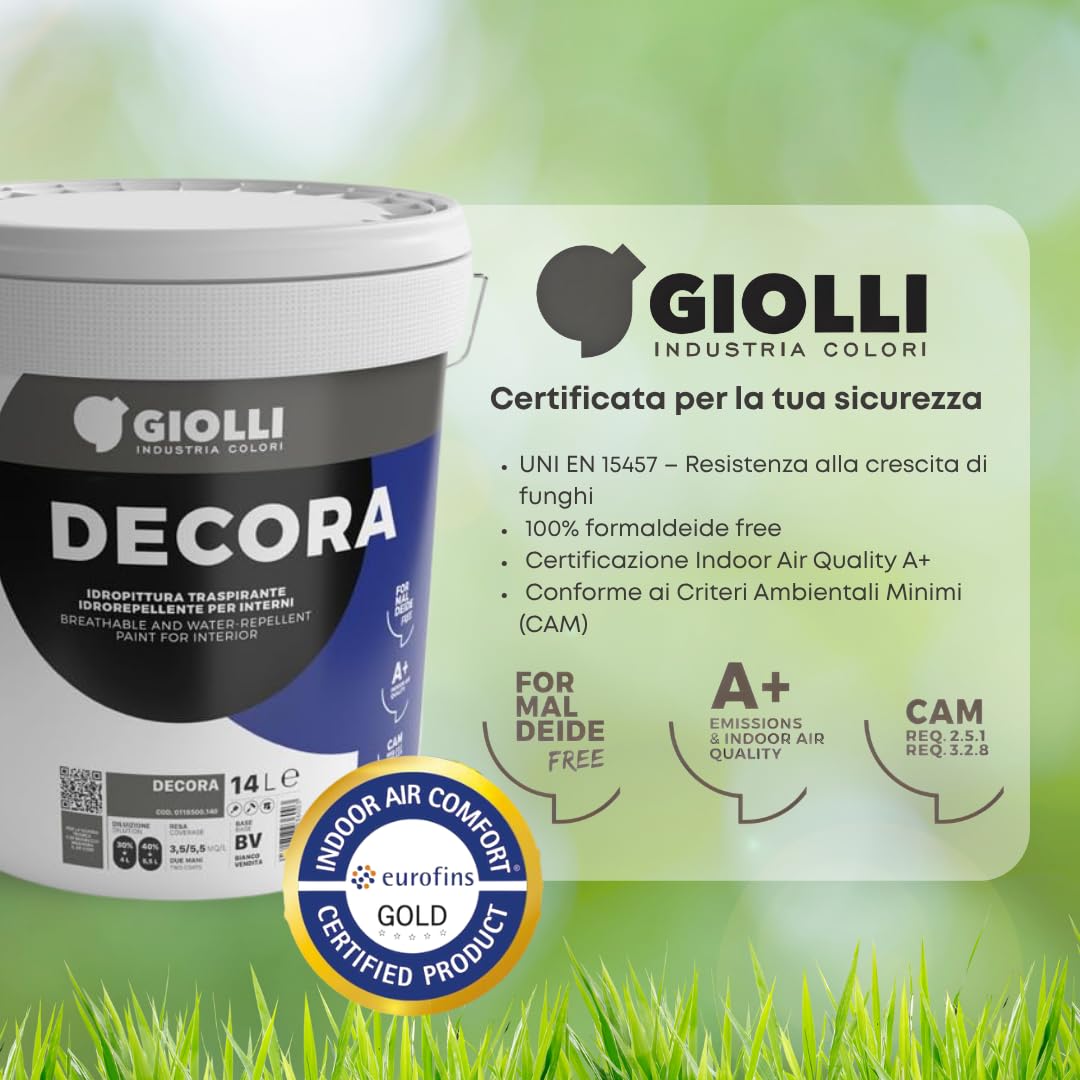 Giolli industria colori | Pittura Bianca per Interni Lavabile Giolli Decora - Idropittura Murale ad Azione Traspirante - Vernice Bianca da Muro Interno a Mano Unica - 14 L