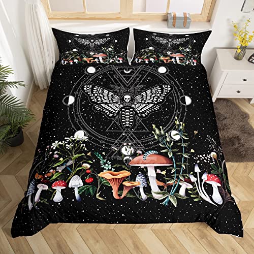 Boho Moth Bedding Duvet Cover Set Kids Bohemian Moon Sun Galaxy Bedding Set Boys Girls Wild Mushroom Floral Decor Comforter Cover Set Microfiber Eoxtic Bedspread Cover Bedroom Bedclothes Double Size