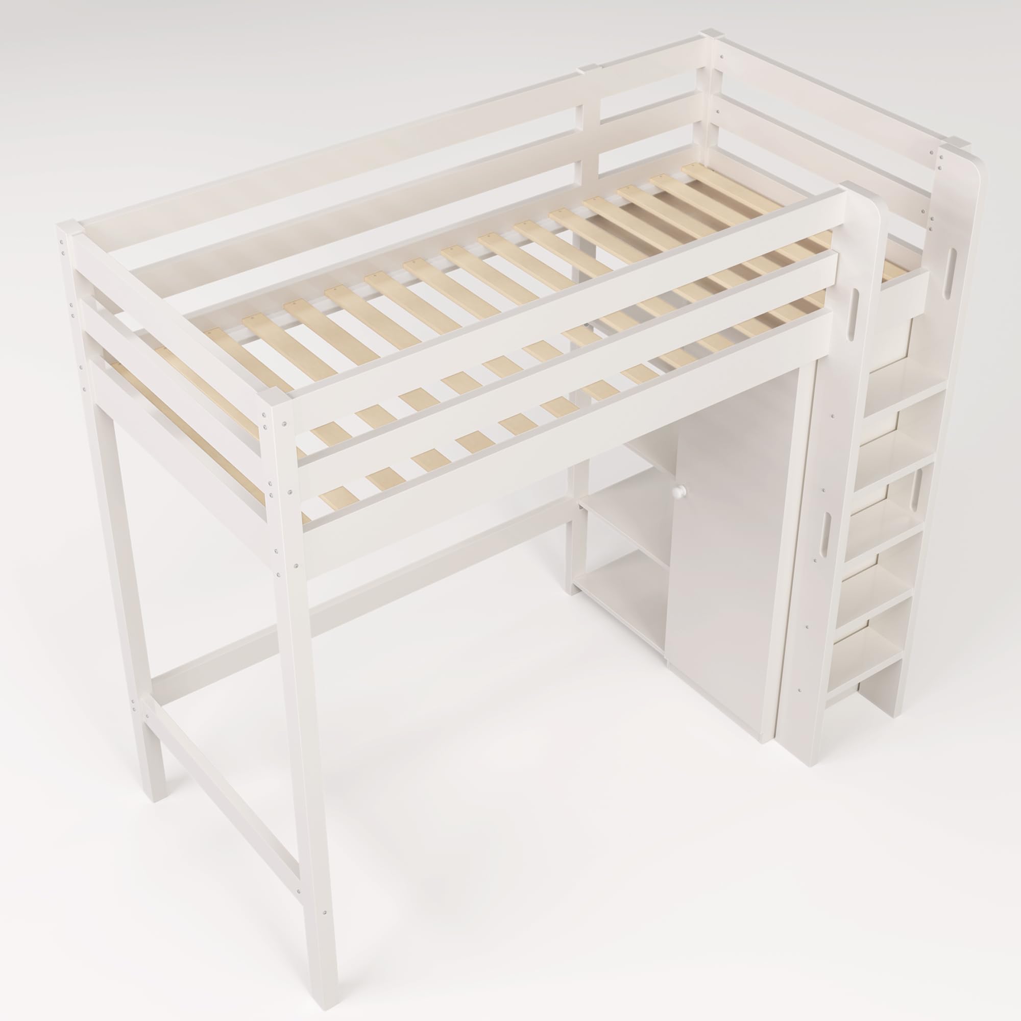 LAKFEW Cama Alta Infantil 90x200 cm con Armario y Estante Almacenaje Ajustable, Cama Tren Camas Altas con Dispositivo antivuelco y Protección Anticaída, Camas Literas con Escalera, Blanco, Sin Colchón