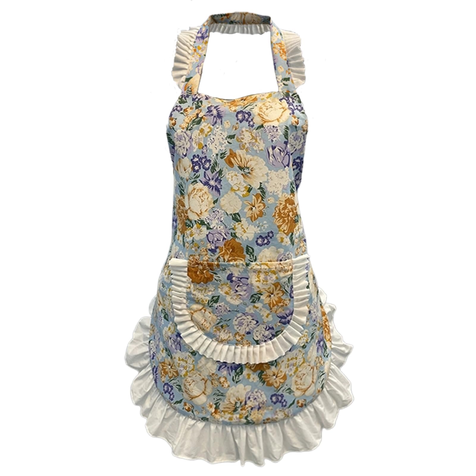 Grembiulo in Cotone per Donne, Grembiule con Volant in Stile retrò con Tasche, per Cucina E GiardinaggioBlue,One Size