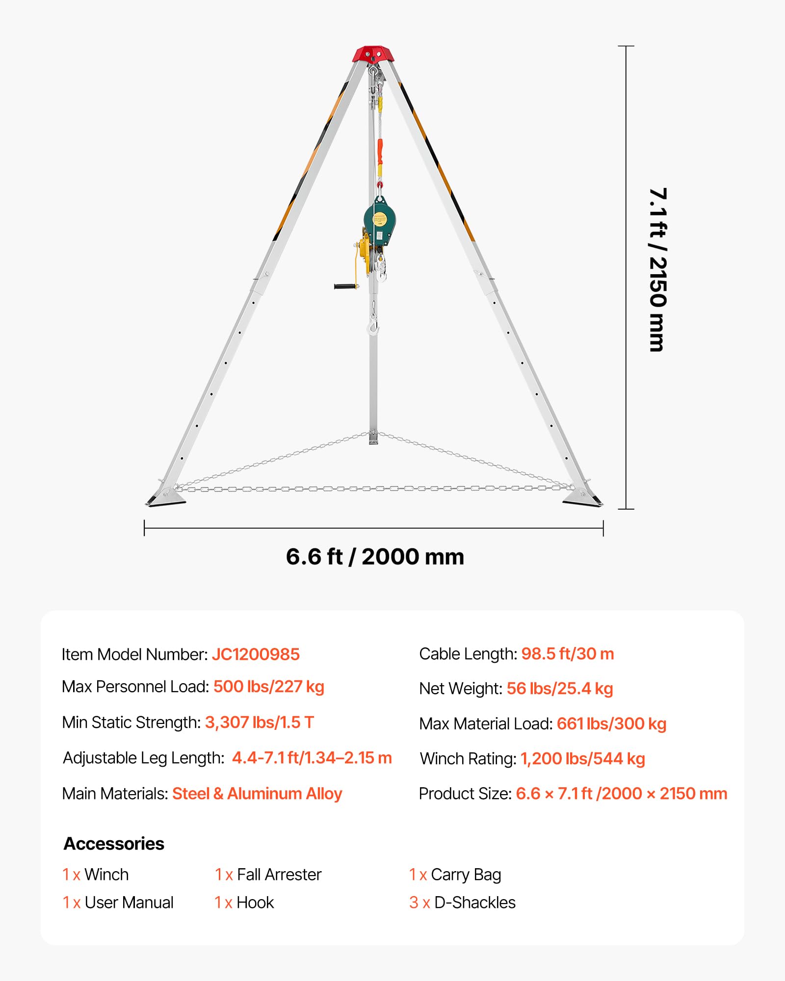 VEVOR Kit Treppiede per Spazi Confinati, Paranco di Sollevamento per Treppiede di Salvataggio per Impieghi Gravosi, Verricello da 544 kg, Lunghezza Gambe Regolabili da 1,34 a 2,15 m, Cavo da 30 m