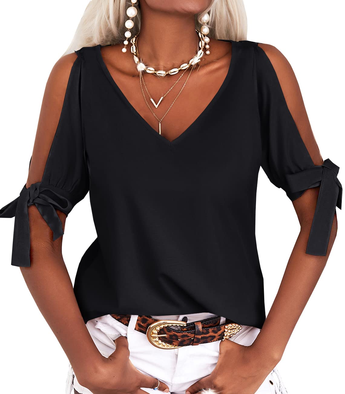 Veatzaer Women's Cold Shoulder Tops Short Sleeve V-Neck Casual Loose Cutout Summer Fashion Tshirts Blouse Shirts