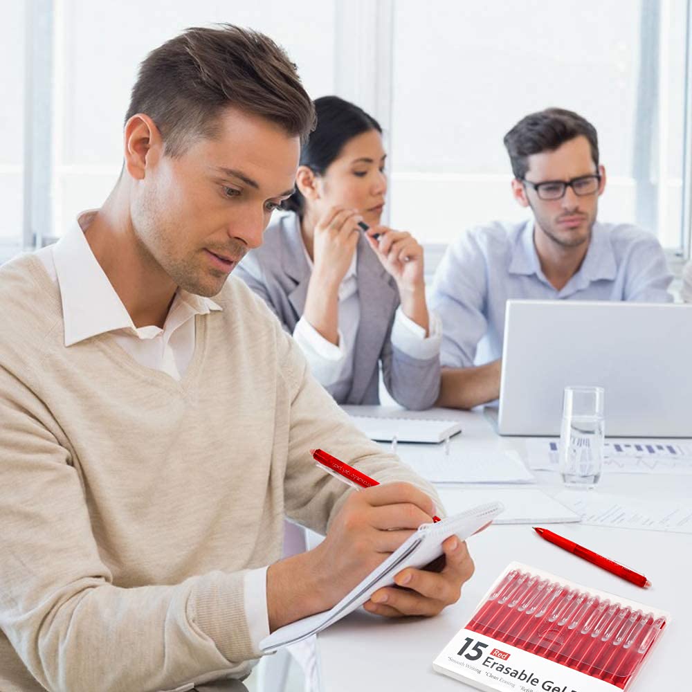 Lineon Lot de 15 stylos à encre gel rétractables rouges effaçables à pointe fine pour faire disparaître les erreurs, encre rouge pour planification d'écriture, planificateur et mots croisés