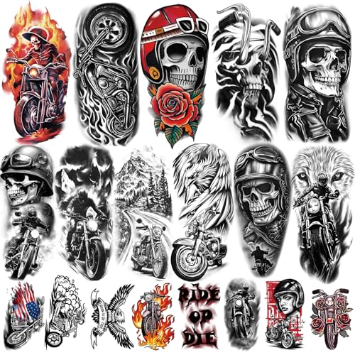 77 Sheets Temporary Tattoos, 17 Sheets Half Arm Motorcycle Skull Flame Flower Mechanical Fake Tattoos for Adults Shoulder Neck, 60 Sheets Tiny Temporary Tattoos Realistic for Men Women Boy Girl