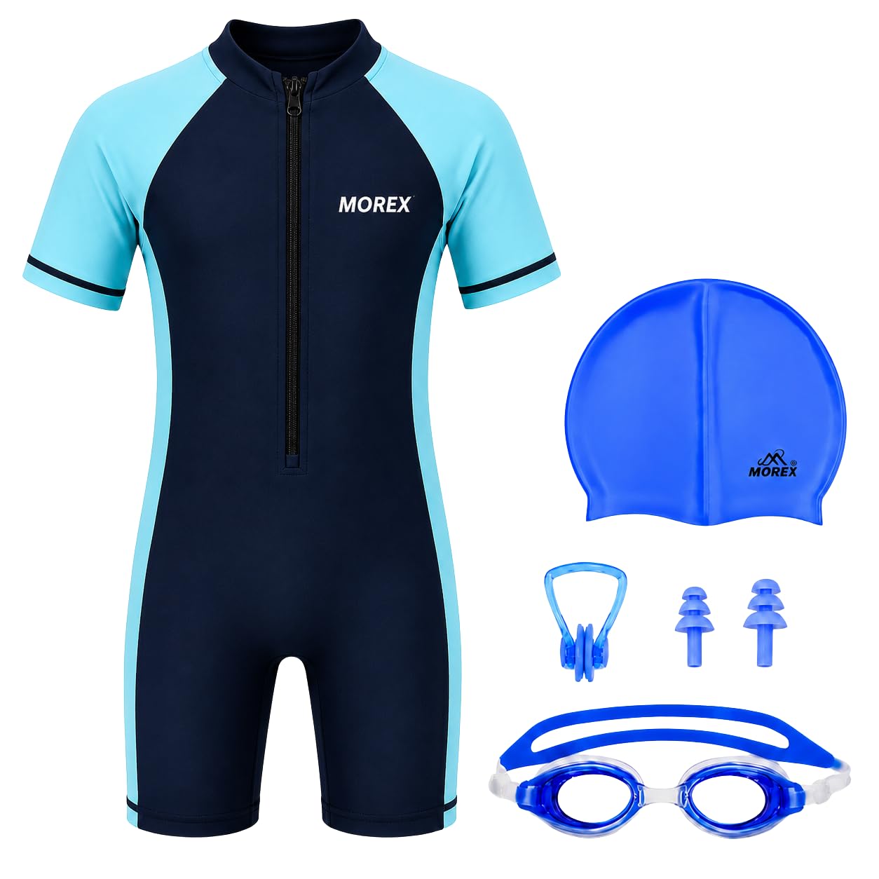 morex kids swimming costume combo set with swim cap, anti-fog goggles, ear plugs, nose clip | stretchable swimwear for boys & girls | pool & beach use