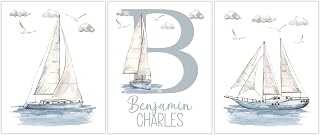 Personalized Sailboat Nautical Nursery Set of 3 Unframed Prints Custom Name and Initial Watercolor Prints for Baby Boy's Room