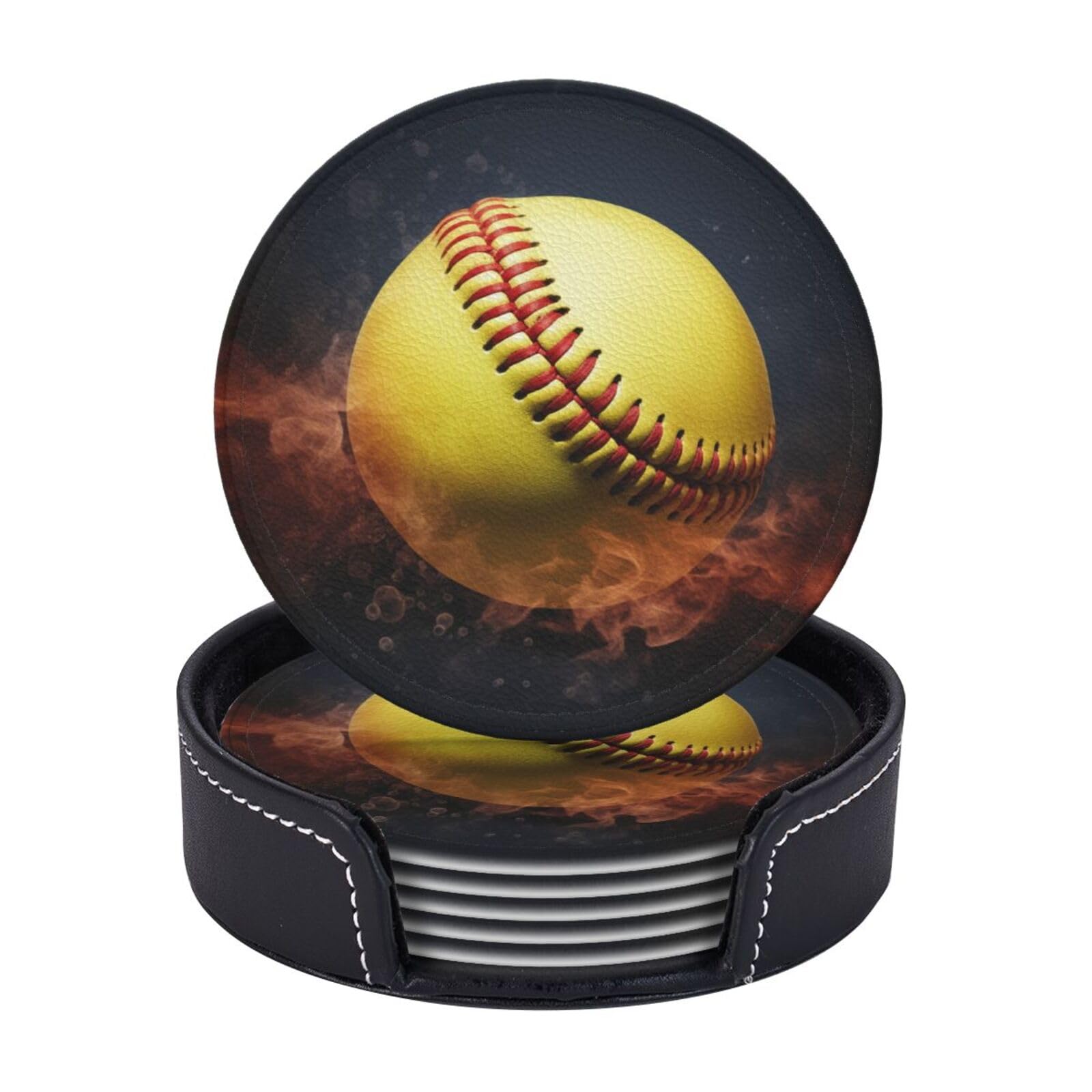 Round Coasters for Drinks Set of 6 - PU Leather Coasters with Holder - Modern Drink Coasters for Coffee Table - Softball Coaster for Tabletop Protection 4" Cup Mat Pad