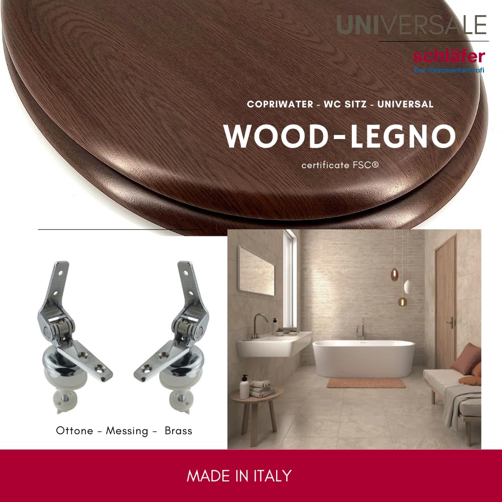 Schläfer 4638125 | Sedile Copriwater Universale Colorato per Bagno Coprivaso Tavoletta Copri Wc Weser in Legno Wenge, Cerniere Regolabili in Ottone Cromato