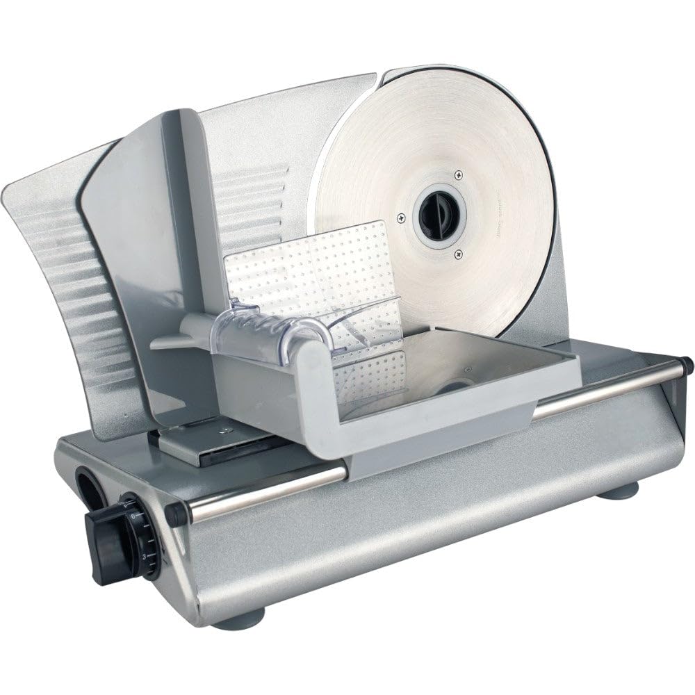 Affettatrice lama acciaio inox 220 mm base metallo carrello scorrevole regolatore spessore protezione dita piedini antiscivolo