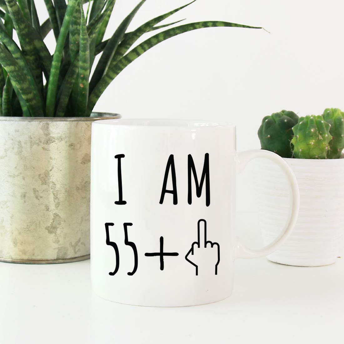 Andaz Press Funny 11oz. Coffee Mug Birthday Gag Gift, I Am 55 + 1 Middle Finger Graphic, 1-Pack, 56th Birthday Present Ideas for Him Her Coworker Friend