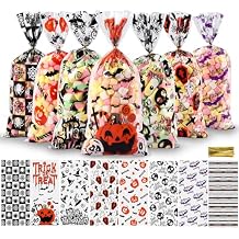 Vellibring 120 Pcs Halloween Cellophane Candy Bags with Gold Twists Ties - Clear Plastic Snacks & Cookies Packing Bags for Party Favor Supplies
