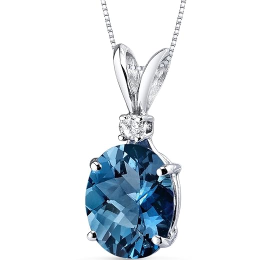 PEORA London Blue Topaz with Diamond Solitaire Pendant for Women 14K White Gold, Genuine Gemstone, 3 Carats Oval Shape 10x8mm, December Birthstone Necklace, Gold Necklace, w/Jewelry Box