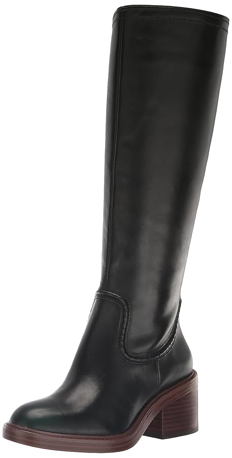 【BAON】Buttto Leather Long Boots Buy Black Leather Square Toe Chunky Knee High Boots from