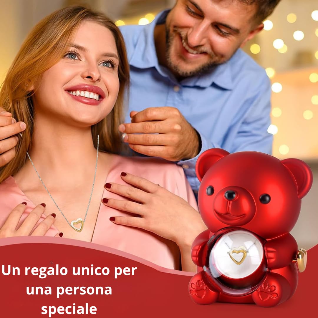 Orsetto con Rosa e Collana,Orso di Rosa Eterna Confezione Regalo con Collana a Forma di Cuore,Orsetto di Rosa Stabilizzata Vera Regalo per Donna, Fidanzata,Mamma,San Valentino,Festa della Mamma