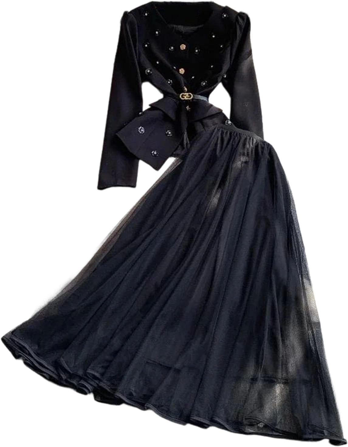 Women's Metal Floral Buckle Single Breasted Top High Waist Cinching Long Skirt Two Piece Fashion Outfits