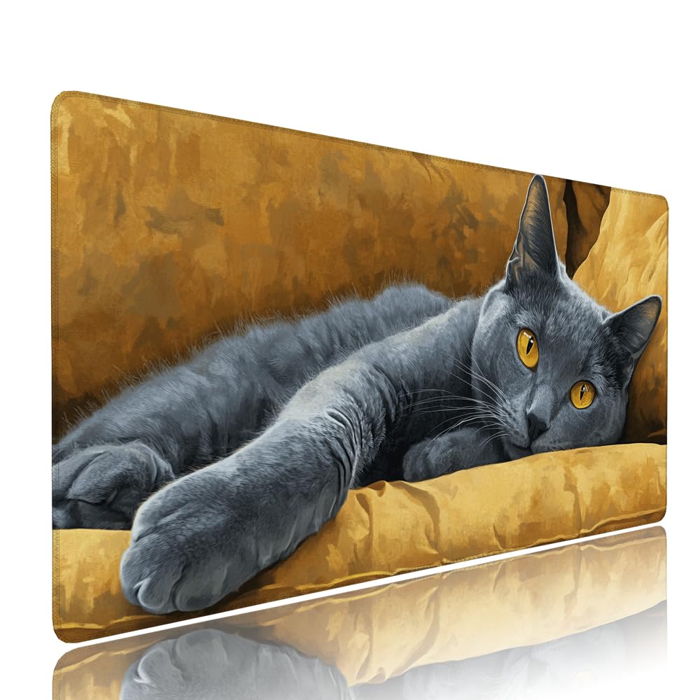 Alfombrilla de Mouse para Juegos, Giallo, XXL, Antideslizante, Impermeable, Diseño de Gatto, Extendido, Grande, 1200x600x3mm, para PC, Laptop, Ufficio, Famiglia d-605