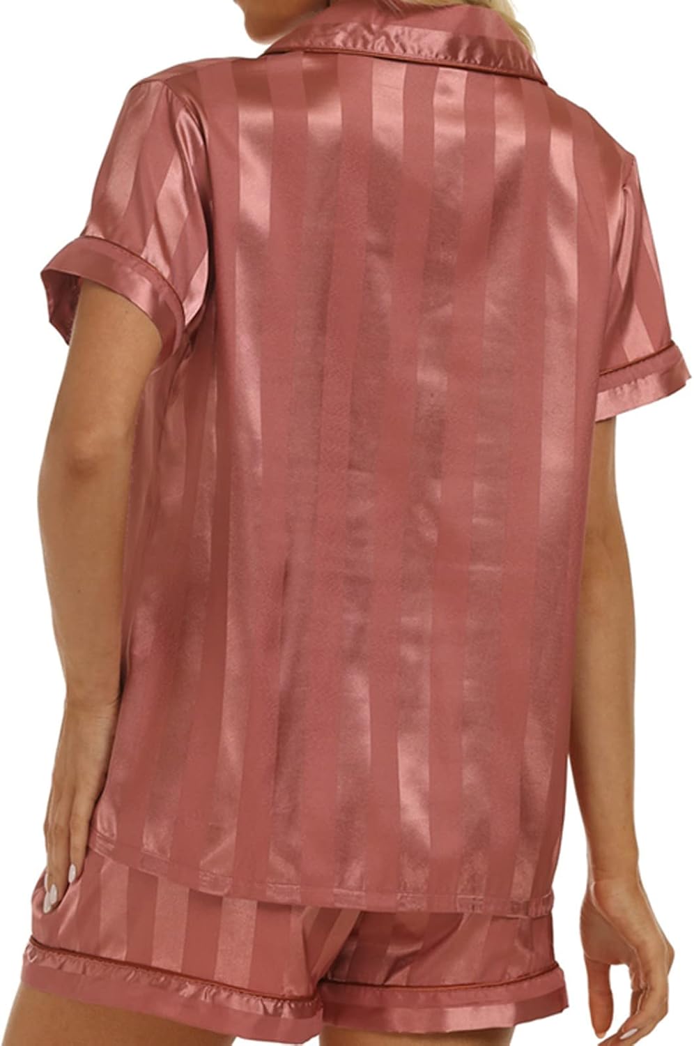 Women 2 Piece Lounge Set Summer Silk Satin Pajama Sets Short Sleeve Button Shirt Sleepwear and Casual Shorts Pjs Set