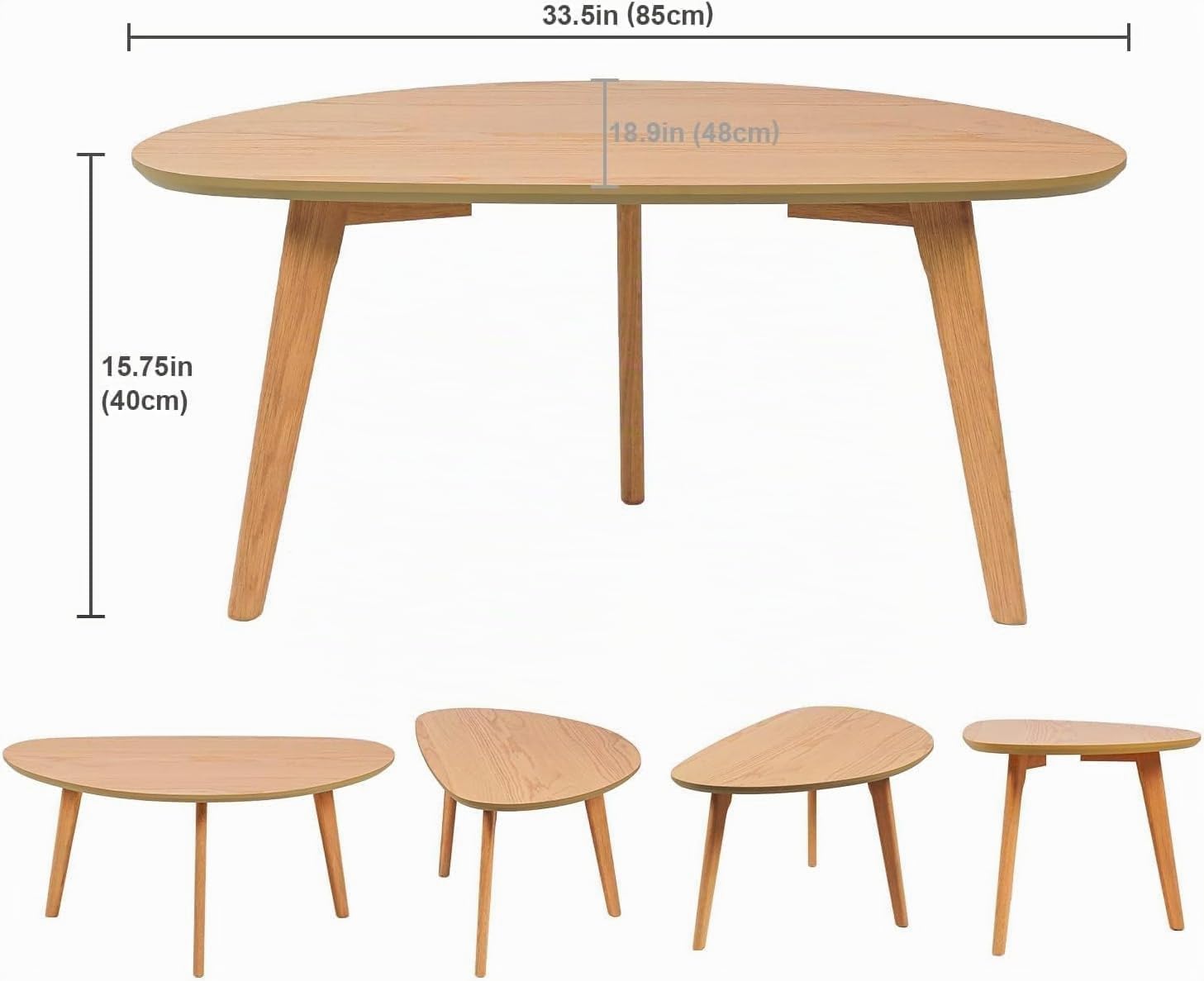 PHOENANCEE Mesa de Centro Ovalada Baja, mesas de Centro Modernas de Mediados de Siglo, Mesa Central para Sala de Estar, Patas de Mesa de Roble Macizo, 85CM(Madera Natural)