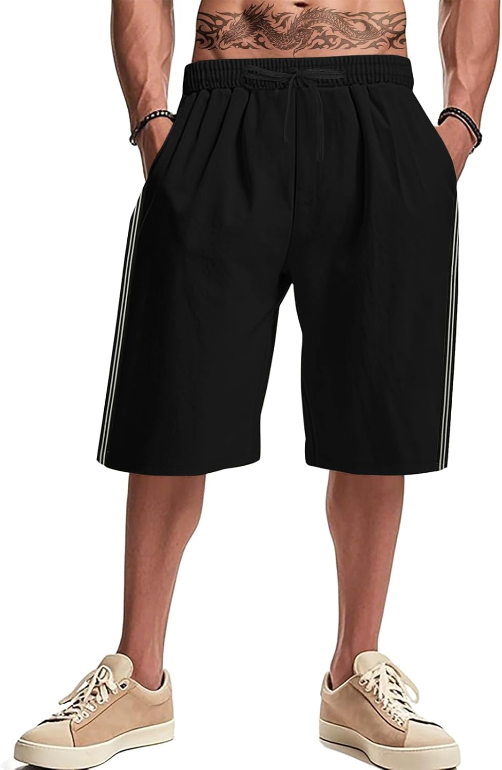 MARSVOVO Trendy Elastic Waist Shorts Men Basic Solid Color Knee Length Shorts Summer Pants with Pockets