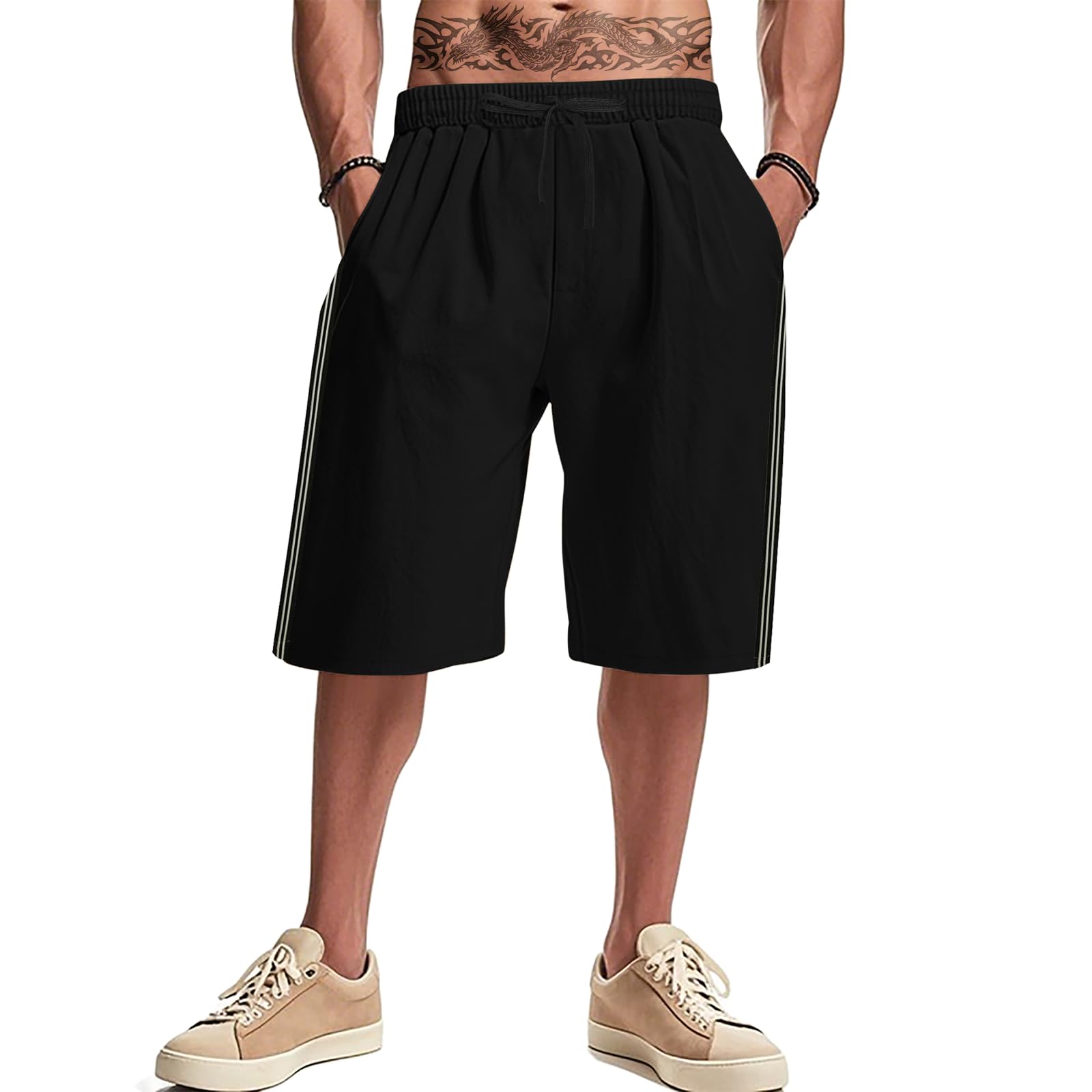 MARSVOVO Trendy Elastic Waist Shorts Men Basic Solid Color Knee Length Shorts Summer Pants with Pockets