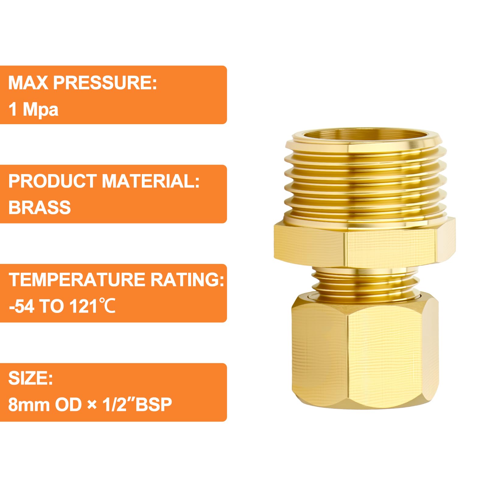 GASHER 5 pièces raccord de tuyau à compression en laiton, diamètre extérieur du tuyau 8mm x raccord mâle 1/2" BSP